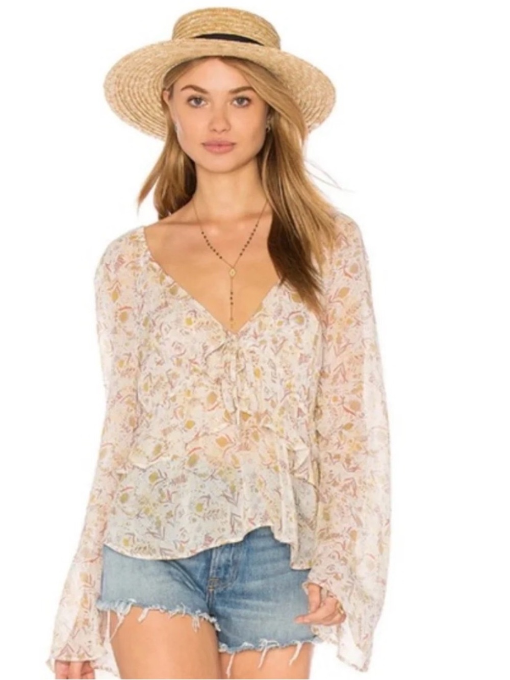 Free People Uptown Bell Sleeve Peplum Top Ivory Floral Boho XS